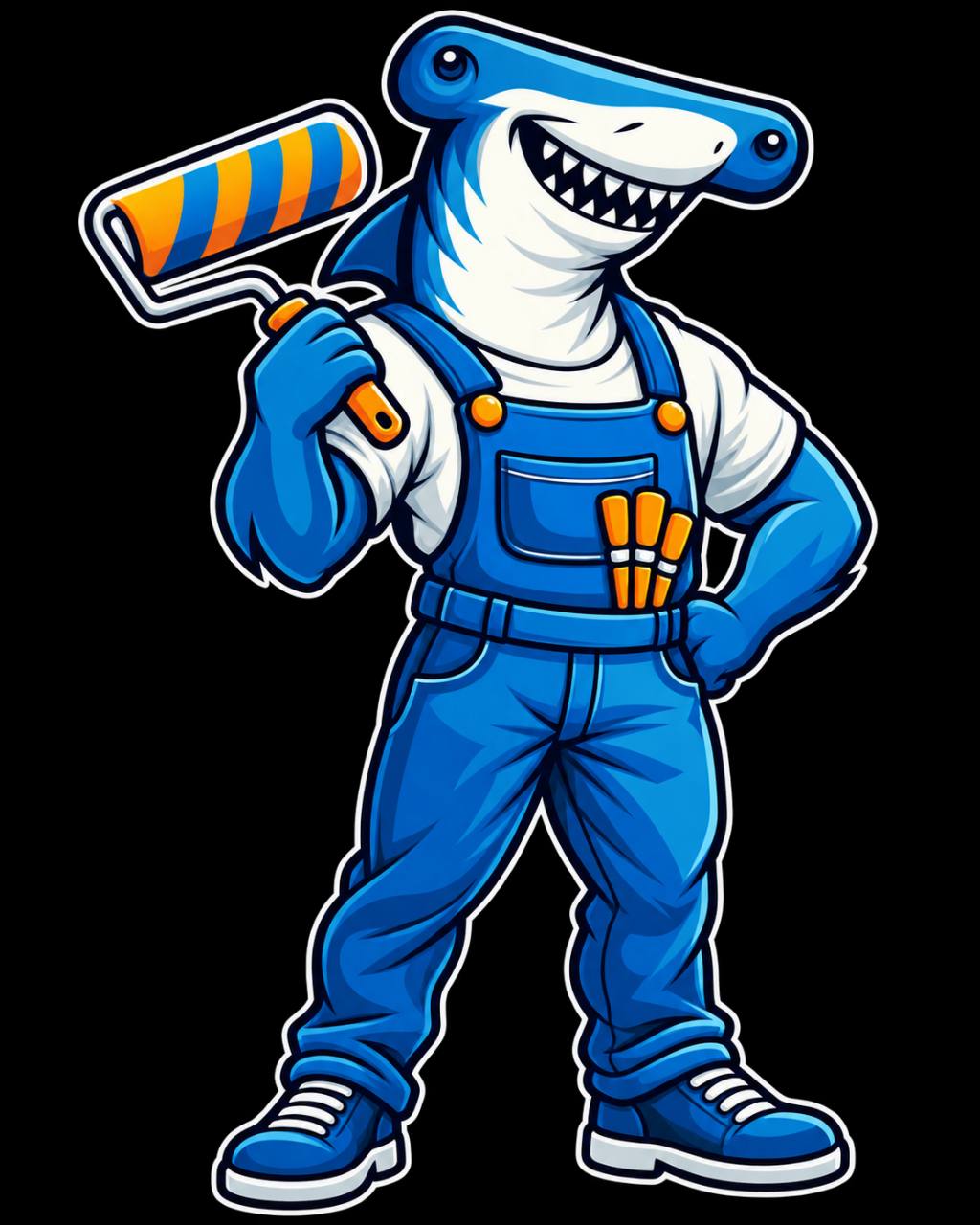 Ocean Crest Painting shark mascot holding a paint roller
